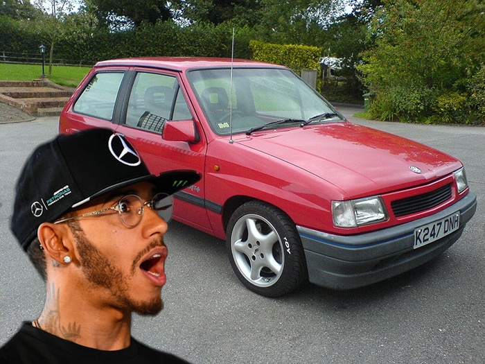 Lewis Hamilton starts new Formula One season in a Vauxhall Nova