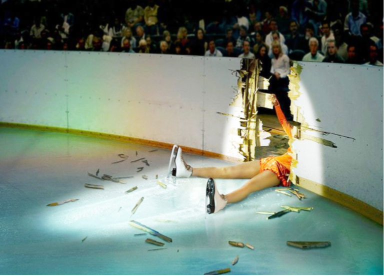 Balloon pop sends champion ice skater crashing into rink barrier
