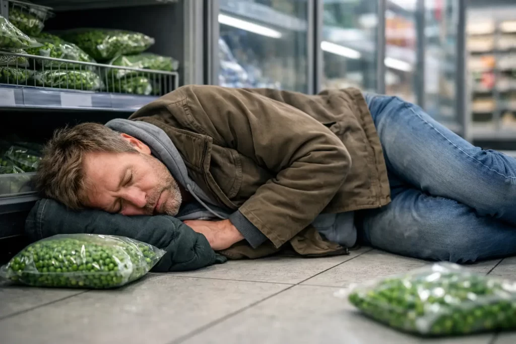 Desperate Suffolk Man Sleeps in Co-op Pea Aisle